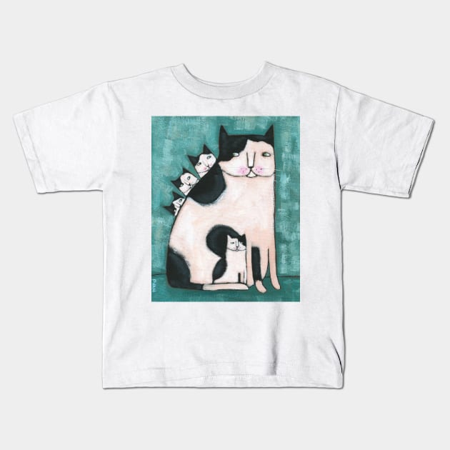 Black and White Mom Cat and Kittens Kids T-Shirt by KilkennyCat Art